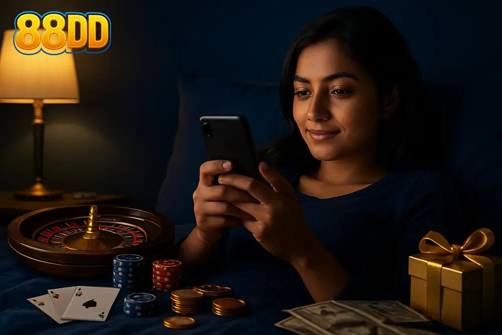 88DD App โ a young Pakistani woman lying on a bed at home browsing an app on her smartphone with a soft lamp glow nearby 88DD App โ a young Pakistani woman lying on a bed at home browsing an app on her smartphone with a soft lamp glow nearby