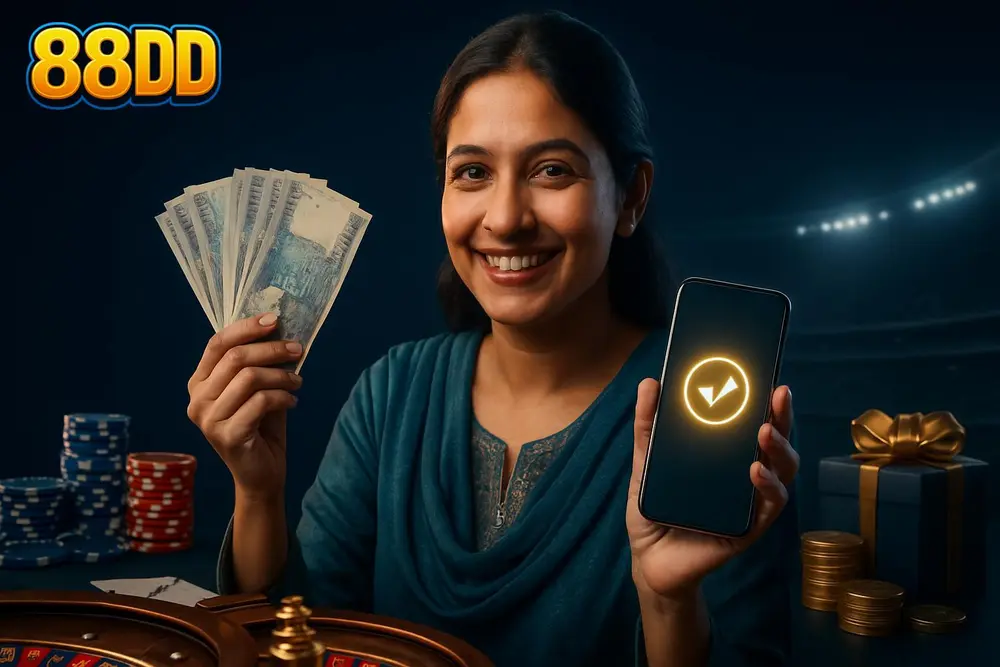 88DD Deposit — a Pakistani woman smiling while holding banknotes next to a smartphone showing a successful mobile