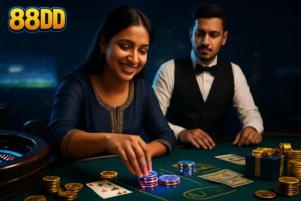 88DD Games โ a Pakistani woman smiling as she places colorful glowing chips near playing cards at a lively table 88DD Games โ a Pakistani woman smiling as she places colorful glowing chips near playing cards at a lively table