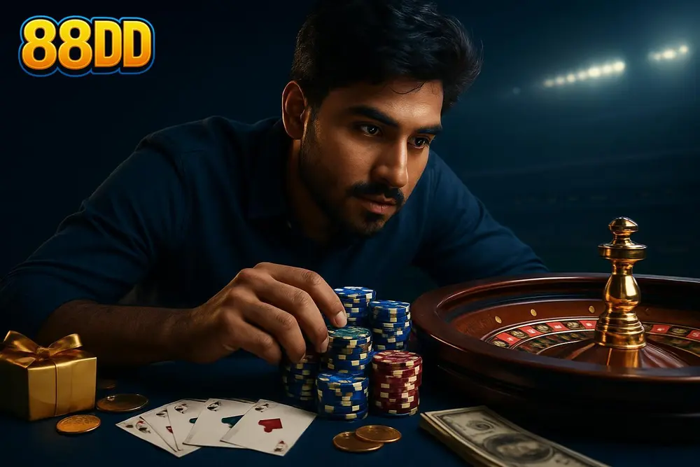 88DD Games โ a young Pakistani man leaning over a table stacked with glowing casino chips as a roulette wheel spins 88DD Games โ a young Pakistani man leaning over a table stacked with glowing casino chips as a roulette wheel spins