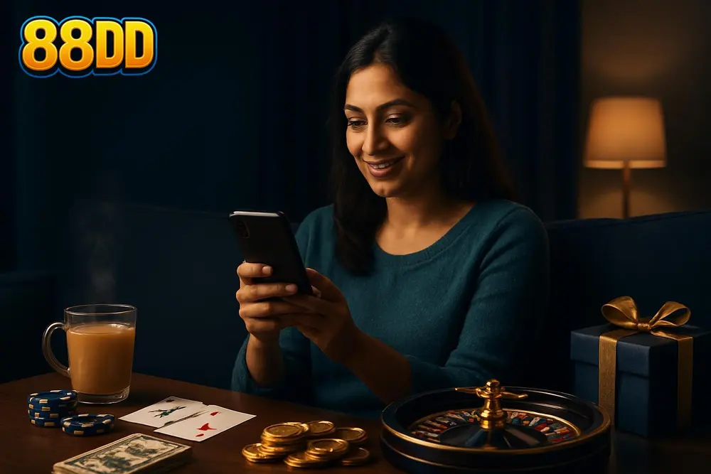 88DD Pakistan — a Pakistani woman relaxing on a sofa in the evening holding a smartphone with soft ambient lighting