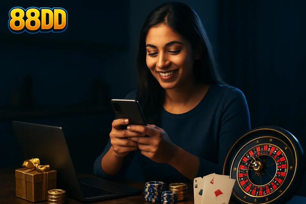 88DD Login โ a young Pakistani woman unlocking her phone with a smile while seated at a kitchen table with a laptop 88DD Login โ a young Pakistani woman unlocking her phone with a smile while seated at a kitchen table with a laptop