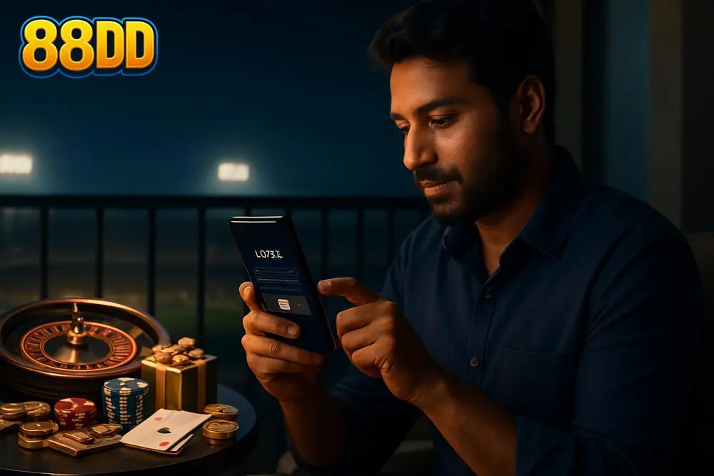88DD Login โ a Pakistani man entering his credentials on a smartphone login screen while sitting on a balcony in the 88DD Login โ a Pakistani man entering his credentials on a smartphone login screen while sitting on a balcony in the