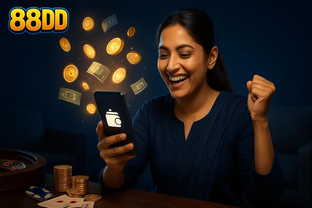 88DD Withdraw — a Pakistani woman celebrating at home as glowing coins and banknotes appear around her mobile wallet